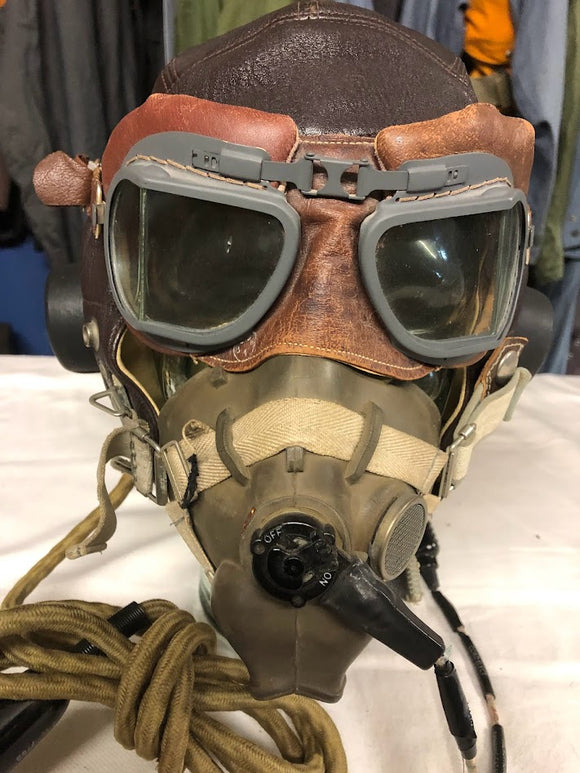 A TYPE C FLYING HELMET WITH POSTWAR MASK AND MKVIII GOGGLES